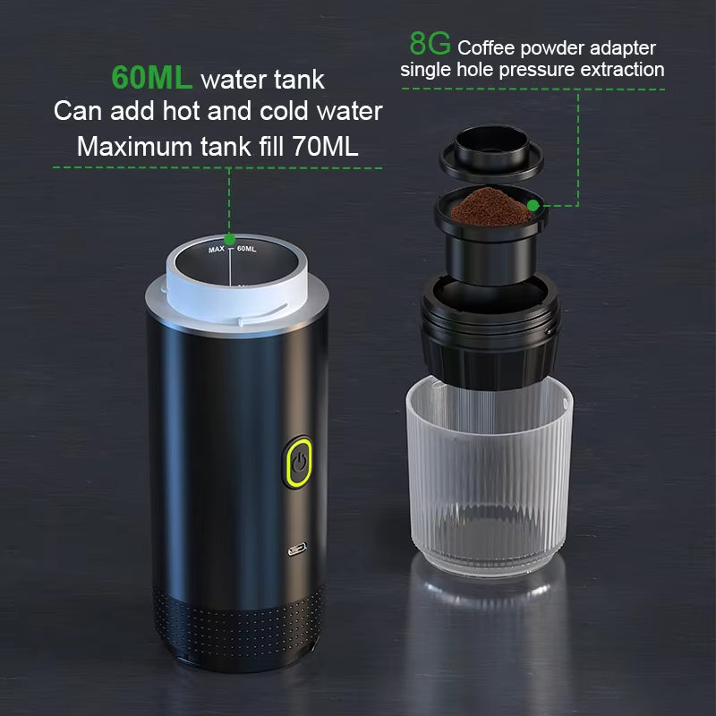 2024 Electric Travel Espresso Machine Heating Water Portable Coffee Maker Compatible with Ground Coffee Small Large Capsules